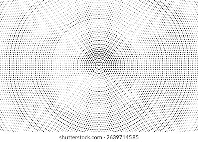 Radial halftone spotted gradient background. Dotted stains concentric texture with fading effect. Black and white circle shade wallpaper. Grunge rough vector. Monochrome geometric backdrop.	
