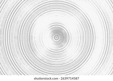Radial halftone spotted gradient background. Dotted stains concentric texture with fading effect. Black and white circle shade wallpaper. Grunge rough vector. Monochrome geometric backdrop.	