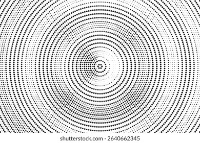 Radial halftone spotted gradient background. Dotted stains concentric texture with fading effect. Black and white circle shade wallpaper. Grunge rough vector. Monochrome geometric backdrop.