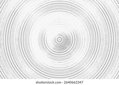 Radial halftone spotted gradient background. Dotted stains concentric texture with fading effect. Black and white circle shade wallpaper. Grunge rough vector. Monochrome geometric backdrop.