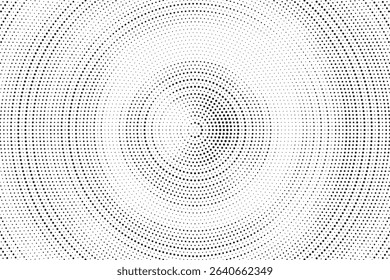 Radial halftone spotted gradient background. Dotted stains concentric texture with fading effect. Black and white circle shade wallpaper. Grunge rough vector. Monochrome geometric backdrop.