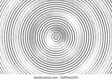 Radial halftone spotted gradient background. Dotted stains concentric texture with fading effect. Black and white circle shade wallpaper. Grunge rough vector. Monochrome geometric backdrop.