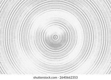 Radial halftone spotted gradient background. Dotted stains concentric texture with fading effect. Black and white circle shade wallpaper. Grunge rough vector. Monochrome geometric backdrop.