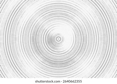 Radial halftone spotted gradient background. Dotted stains concentric texture with fading effect. Black and white circle shade wallpaper. Grunge rough vector. Monochrome geometric backdrop.