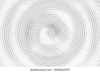 Radial halftone spotted gradient background. Dotted stains concentric texture with fading effect. Black and white circle shade wallpaper. Grunge rough vector. Monochrome geometric backdrop.