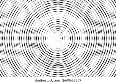 Radial halftone spotted gradient background. Dotted stains concentric texture with fading effect. Black and white circle shade wallpaper. Grunge rough vector. Monochrome geometric backdrop.
