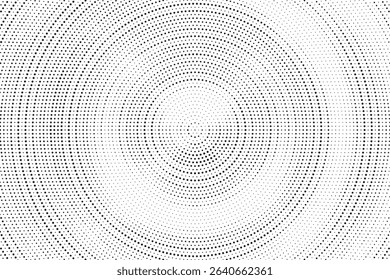 Radial halftone spotted gradient background. Dotted stains concentric texture with fading effect. Black and white circle shade wallpaper. Grunge rough vector. Monochrome geometric backdrop.