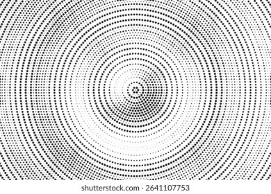 Radial halftone spotted gradient background. Dotted stains concentric texture with fading effect. Black and white circle shade wallpaper. Grunge rough vector. Monochrome geometric backdrop.