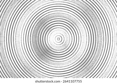 Radial halftone spotted gradient background. Dotted stains concentric texture with fading effect. Black and white circle shade wallpaper. Grunge rough vector. Monochrome geometric backdrop.