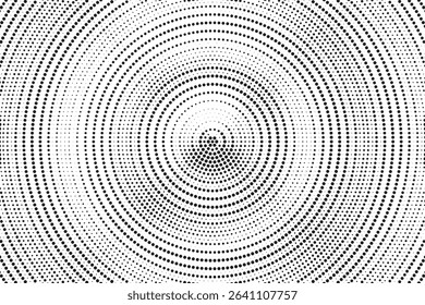 Radial halftone spotted gradient background. Dotted stains concentric texture with fading effect. Black and white circle shade wallpaper. Grunge rough vector. Monochrome geometric backdrop.