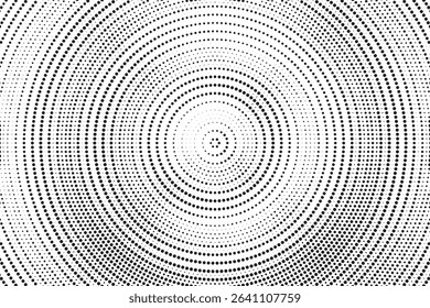 Radial halftone spotted gradient background. Dotted stains concentric texture with fading effect. Black and white circle shade wallpaper. Grunge rough vector. Monochrome geometric backdrop.