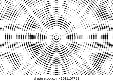 Radial halftone spotted gradient background. Dotted stains concentric texture with fading effect. Black and white circle shade wallpaper. Grunge rough vector. Monochrome geometric backdrop.