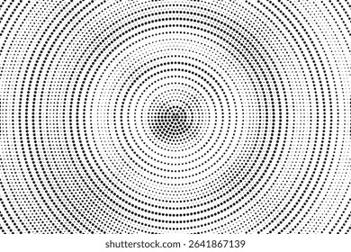 Radial halftone spotted gradient background. Dotted stains concentric texture with fading effect. Black and white circle shade wallpaper. Grunge rough vector. Monochrome geometric backdrop. 