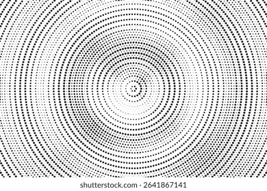 Radial halftone spotted gradient background. Dotted stains concentric texture with fading effect. Black and white circle shade wallpaper. Grunge rough vector. Monochrome geometric backdrop. 