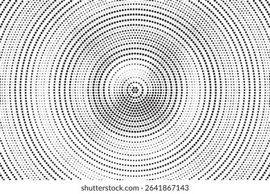 Radial halftone spotted gradient background. Dotted stains concentric texture with fading effect. Black and white circle shade wallpaper. Grunge rough vector. Monochrome geometric backdrop. 