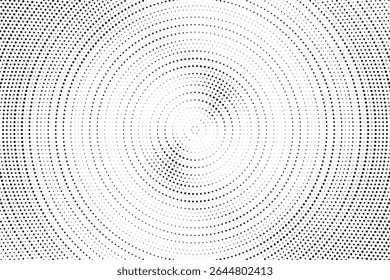 Fundo de gradiente de meio-tom radial pontilhado. Textura concêntrica com manchas pontilhadas com efeito de desvanecimento. Papel de parede de sombra círculo preto e branco. Vetor bruto Grunge. Fundo geométrico monocromático.	