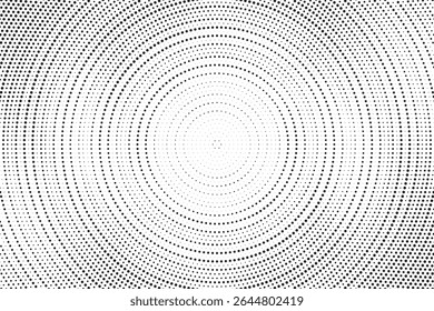 Fundo de gradiente de meio-tom radial pontilhado. Textura concêntrica com manchas pontilhadas com efeito de desvanecimento. Papel de parede de sombra círculo preto e branco. Vetor bruto Grunge. Fundo geométrico monocromático.	