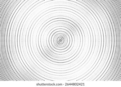 Fundo de gradiente de meio-tom radial pontilhado. Textura concêntrica com manchas pontilhadas com efeito de desvanecimento. Papel de parede de sombra círculo preto e branco. Vetor bruto Grunge. Fundo geométrico monocromático.	