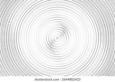 Fundo de gradiente de meio-tom radial pontilhado. Textura concêntrica com manchas pontilhadas com efeito de desvanecimento. Papel de parede de sombra círculo preto e branco. Vetor bruto Grunge. Fundo geométrico monocromático.	