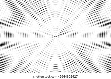 Fundo de gradiente de meio-tom radial pontilhado. Textura concêntrica com manchas pontilhadas com efeito de desvanecimento. Papel de parede de sombra círculo preto e branco. Vetor bruto Grunge. Fundo geométrico monocromático.	