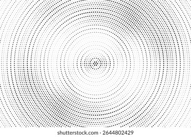 Fundo de gradiente de meio-tom radial pontilhado. Textura concêntrica com manchas pontilhadas com efeito de desvanecimento. Papel de parede de sombra círculo preto e branco. Vetor bruto Grunge. Fundo geométrico monocromático.	