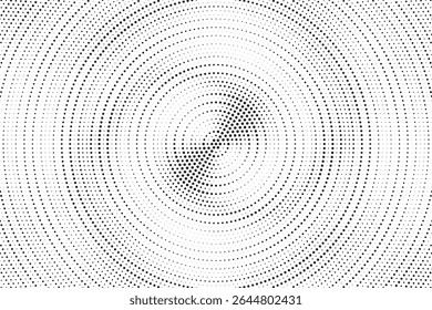 Fundo de gradiente de meio-tom radial pontilhado. Textura concêntrica com manchas pontilhadas com efeito de desvanecimento. Papel de parede de sombra círculo preto e branco. Vetor bruto Grunge. Fundo geométrico monocromático.	
