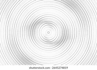 Fundo de gradiente de meio-tom radial pontilhado. Textura concêntrica com manchas pontilhadas com efeito de desvanecimento. Papel de parede de sombra círculo preto e branco. Vetor bruto Grunge. Fundo geométrico monocromático.