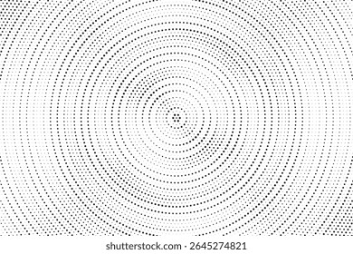Fundo de gradiente de meio-tom radial pontilhado. Textura concêntrica com manchas pontilhadas com efeito de desvanecimento. Papel de parede de sombra círculo preto e branco. Vetor bruto Grunge. Fundo geométrico monocromático.