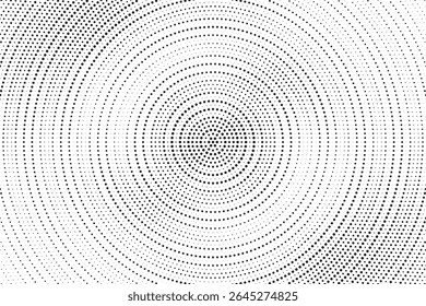 Fundo de gradiente de meio-tom radial pontilhado. Textura concêntrica com manchas pontilhadas com efeito de desvanecimento. Papel de parede de sombra círculo preto e branco. Vetor bruto Grunge. Fundo geométrico monocromático.