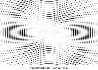 Fundo de gradiente de meio-tom radial pontilhado. Textura concêntrica com manchas pontilhadas com efeito de desvanecimento. Papel de parede de sombra círculo preto e branco. Vetor bruto Grunge. Fundo geométrico monocromático.