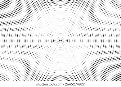 Radial halftone spotted gradient background. Dotted stains concentric texture with fading effect. Black and white circle shade wallpaper. Grunge rough vector. Monochrome geometric backdrop.