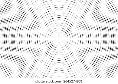 Fundo de gradiente de meio-tom radial pontilhado. Textura concêntrica com manchas pontilhadas com efeito de desvanecimento. Papel de parede de sombra círculo preto e branco. Vetor bruto Grunge. Fundo geométrico monocromático.
