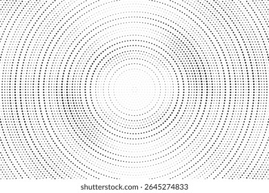 Fundo de gradiente de meio-tom radial pontilhado. Textura concêntrica com manchas pontilhadas com efeito de desvanecimento. Papel de parede de sombra círculo preto e branco. Vetor bruto Grunge. Fundo geométrico monocromático.