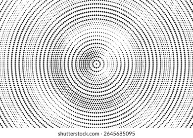 Fundo de gradiente de meio-tom radial pontilhado. Textura concêntrica com manchas pontilhadas com efeito de desvanecimento. Papel de parede de sombra círculo preto e branco. Vetor bruto Grunge. Fundo geométrico monocromático.	