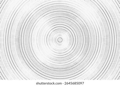 Radial halftone spotted gradient background. Dotted stains concentric texture with fading effect. Black and white circle shade wallpaper. Grunge rough vector. Monochrome geometric backdrop.	