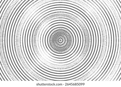 Fundo de gradiente de meio-tom radial pontilhado. Textura concêntrica com manchas pontilhadas com efeito de desvanecimento. Papel de parede de sombra círculo preto e branco. Vetor bruto Grunge. Fundo geométrico monocromático.	