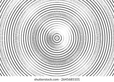 Fundo de gradiente de meio-tom radial pontilhado. Textura concêntrica com manchas pontilhadas com efeito de desvanecimento. Papel de parede de sombra círculo preto e branco. Vetor bruto Grunge. Fundo geométrico monocromático.	