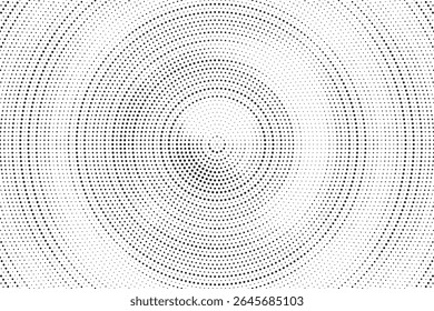 Fundo de gradiente de meio-tom radial pontilhado. Textura concêntrica com manchas pontilhadas com efeito de desvanecimento. Papel de parede de sombra círculo preto e branco. Vetor bruto Grunge. Fundo geométrico monocromático.	