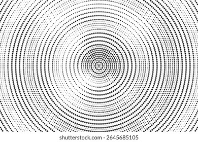 Fundo de gradiente de meio-tom radial pontilhado. Textura concêntrica com manchas pontilhadas com efeito de desvanecimento. Papel de parede de sombra círculo preto e branco. Vetor bruto Grunge. Fundo geométrico monocromático.	