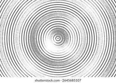 Fundo de gradiente de meio-tom radial pontilhado. Textura concêntrica com manchas pontilhadas com efeito de desvanecimento. Papel de parede de sombra círculo preto e branco. Vetor bruto Grunge. Fundo geométrico monocromático.	