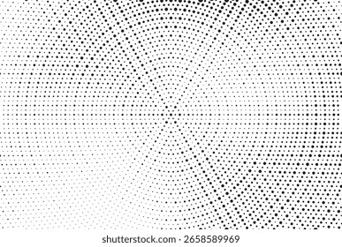 Fundo de gradiente de meio-tom radial pontilhado. Textura concêntrica com manchas pontilhadas com efeito de desvanecimento. Papel de parede de sombra círculo preto e branco. Vetor bruto Grunge. Fundo geométrico monocromático.