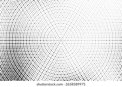 Fundo de gradiente de meio-tom radial pontilhado. Textura concêntrica com manchas pontilhadas com efeito de desvanecimento. Papel de parede de sombra círculo preto e branco. Vetor bruto Grunge. Fundo geométrico monocromático.