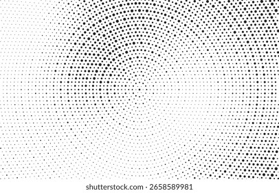 Fondo de gradiente manchado de semitono radial. Tinciones punteadas de textura concéntrica con efecto de desvanecimiento. Fondo de pantalla de sombra circular blanco y negro. Grunge Vector áspero. Fondo geométrico monocromo.