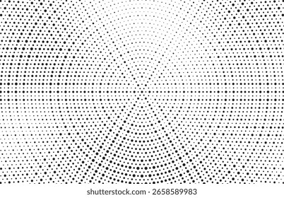 Fundo de gradiente de meio-tom radial pontilhado. Textura concêntrica com manchas pontilhadas com efeito de desvanecimento. Papel de parede de sombra círculo preto e branco. Vetor bruto Grunge. Fundo geométrico monocromático.