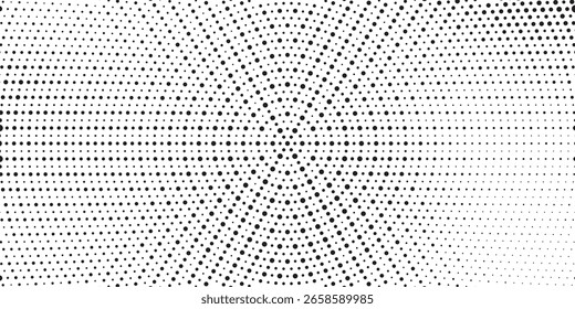 Fundo de gradiente de meio-tom radial pontilhado. Textura concêntrica com manchas pontilhadas com efeito de desvanecimento. Papel de parede de sombra círculo preto e branco. Vetor bruto Grunge. Fundo geométrico monocromático.