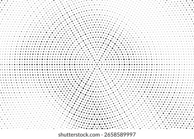 Fondo de gradiente manchado de semitono radial. Tinciones punteadas de textura concéntrica con efecto de desvanecimiento. Fondo de pantalla de sombra circular blanco y negro. Grunge Vector áspero. Fondo geométrico monocromo.