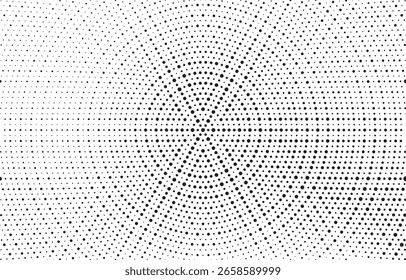 Fondo de gradiente manchado de semitono radial. Tinciones punteadas de textura concéntrica con efecto de desvanecimiento. Fondo de pantalla de sombra circular blanco y negro. Grunge Vector áspero. Fondo geométrico monocromo.