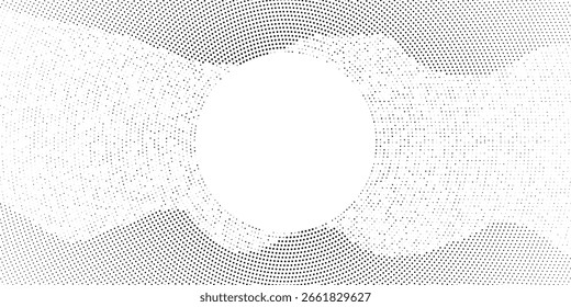 Fundo de gradiente de meio-tom radial pontilhado. Textura concêntrica com manchas pontilhadas com efeito de desvanecimento. Papel de parede de sombra círculo preto e branco. Vetor bruto Grunge. Fundo geométrico monocromático.
