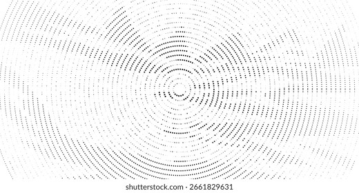 Farbverlauf-Hintergrund mit radialem Halbton-Fleck. Punktierte Flecken konzentrische Textur mit Fading-Effekt. Schwarz-weißer Kreis Schatten Tapete. Grunge rauer Vektor. Einfarbige geometrische Kulisse.
