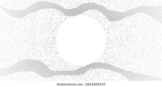 Fundo de gradiente de meio-tom radial pontilhado. Textura concêntrica com manchas pontilhadas com efeito de desvanecimento. Papel de parede de sombra círculo preto e branco. Vetor bruto Grunge. Fundo geométrico monocromático.
